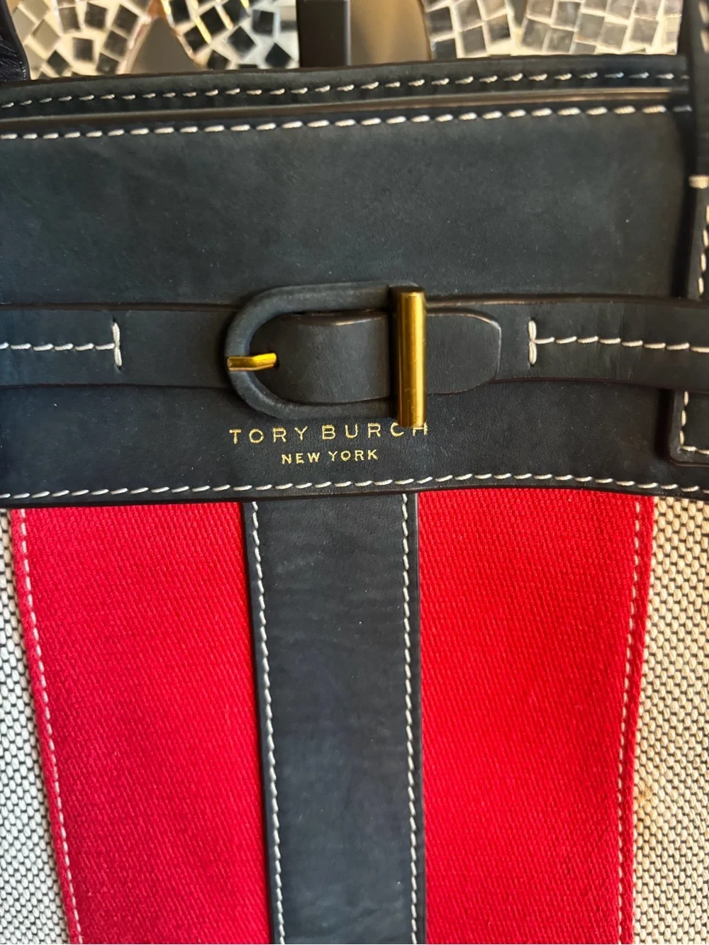 💕Tory Burch Canvas & Leather Shoulder Bag with Red Stripe
